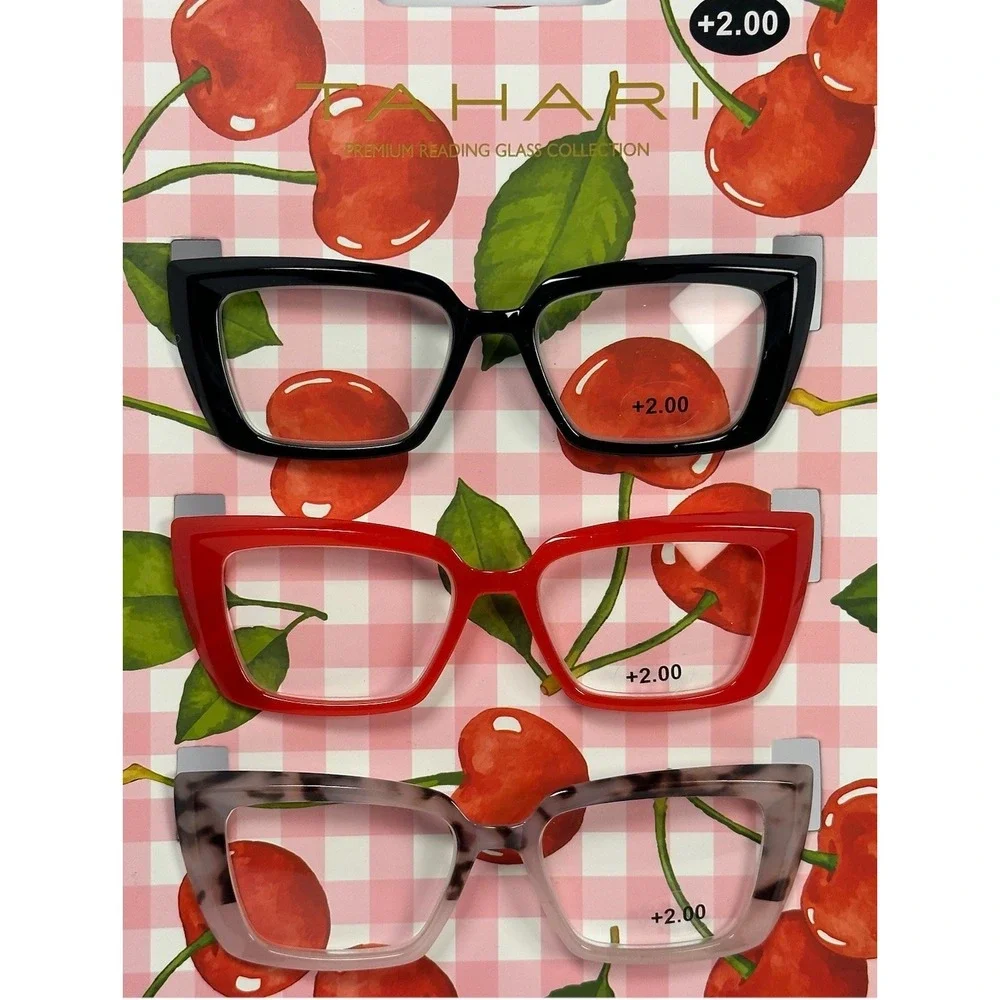 Tahari Coquette Cat Eye Reading Glasses 3 Pack +2.00 Cherry Gingham Fashion